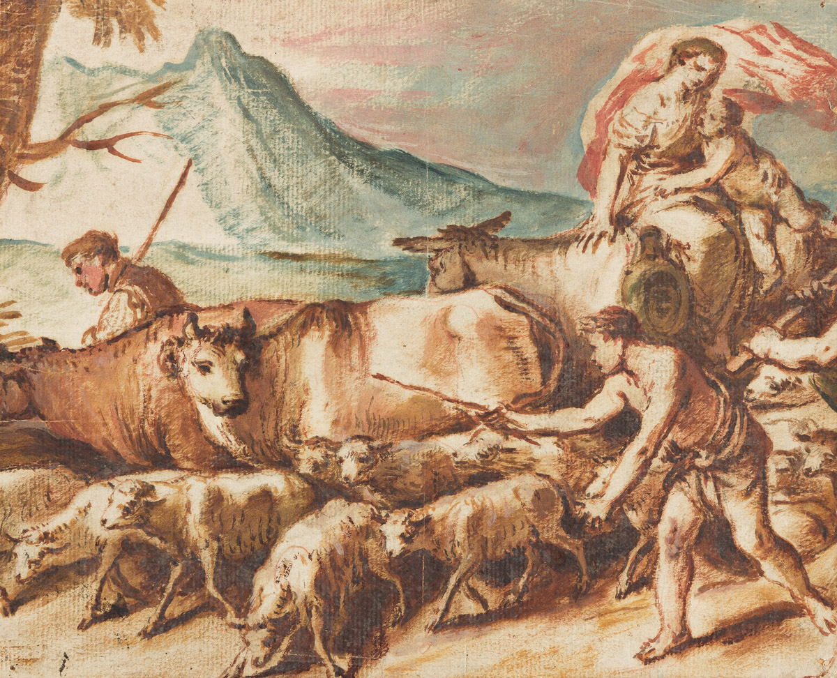GIOVANNI B. CASTIGLIONE (CIRCLE OF) (Genoa 1609-1664 Mantua) Landscape with Shepherds and Livestock, a Woman and Child on a Donkey.